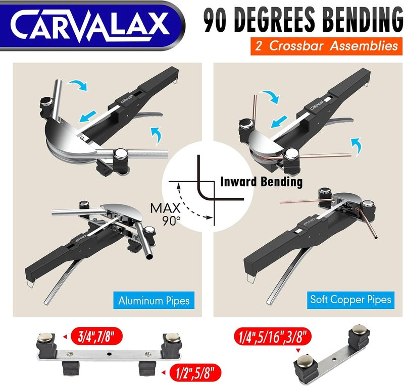 CARVALAX Aluminum Pipe Tube Bender Set,LITE MODEL (No Reverse) with 7 Electroplated Bender Heads, for 1/4” to 7/8” O.D, 90° Ratcheting Tubing Bender for HAVC, Air Conditioning, and Hydraulic Work - Image 2